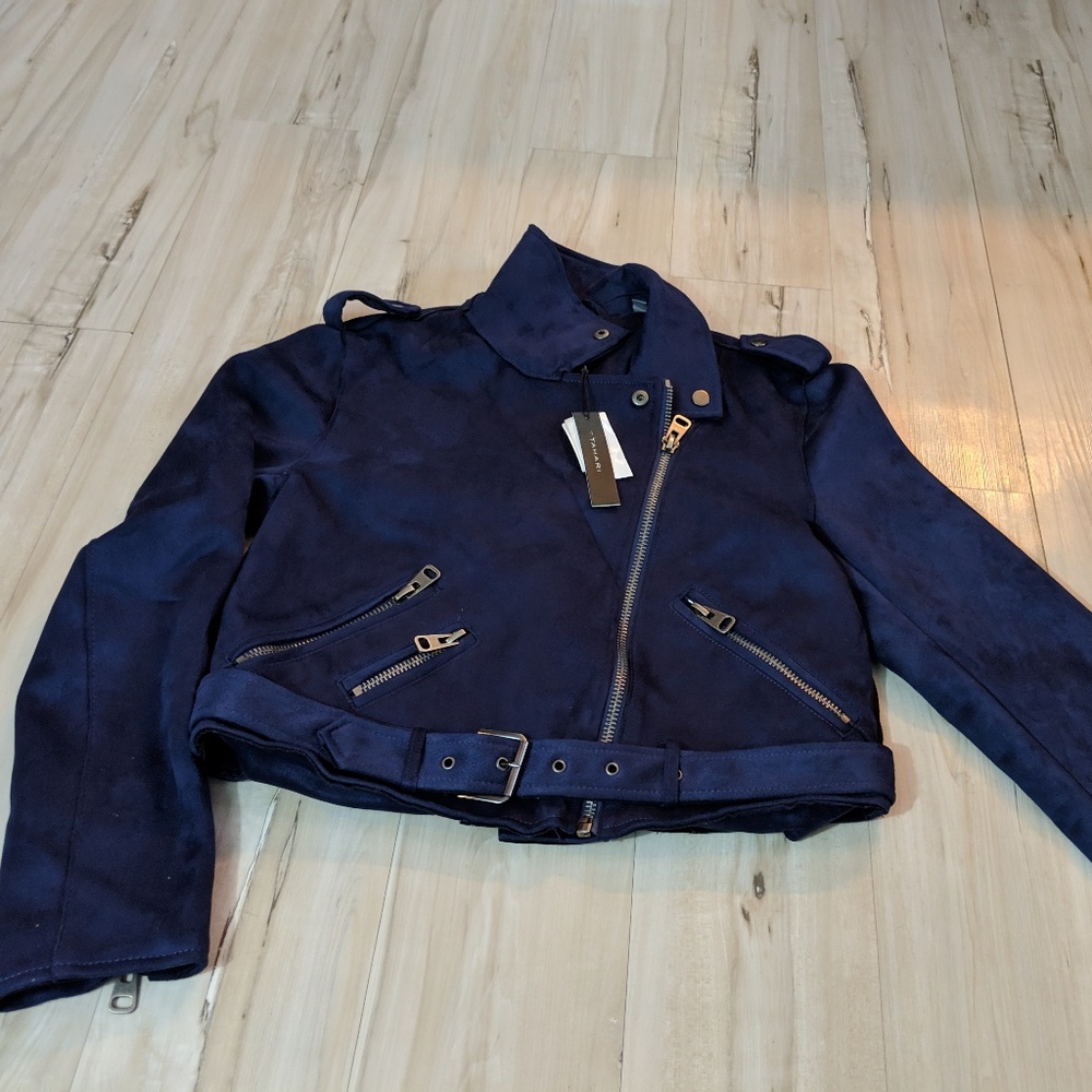 Tahari Navy Blue Cropped Moto Jacket